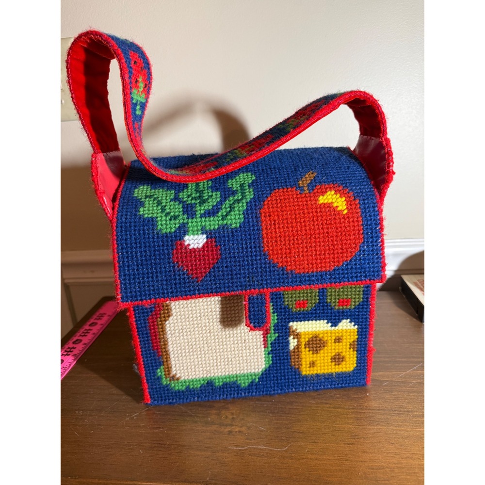 Vintage Handmade Needlepoint Plastic Canvas Food Motif Lunch Bag Blue Red Kitshy